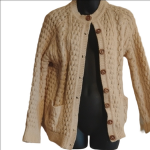 John Molloy Vintage Pure Virgin Wool Cream Cable Knit Cardigan Sweater. Size 34.
